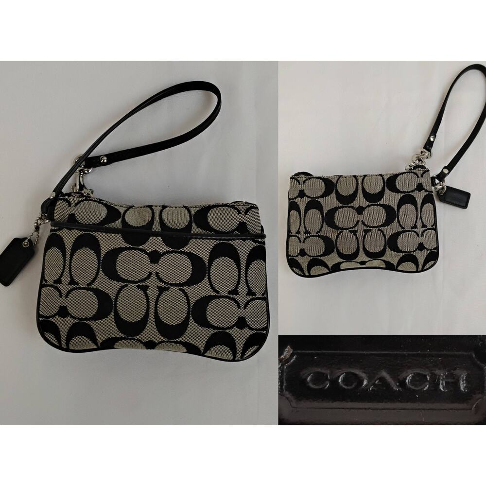 Coach Wristlet Clutch Jacquard Signature C Black Leather Trim Zip #J5098